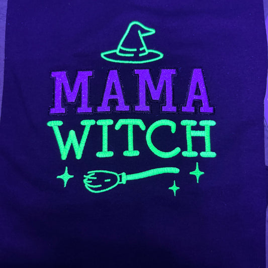 Mama - neon purple glitter with glow in the dark thread under the blacklight.
