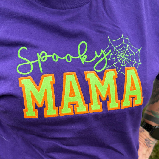 Spooky Mama Embroidered tee, with glitter and glow in the dark thread.