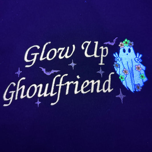 Glow Up Ghoulfriend hoodie under the blacklight